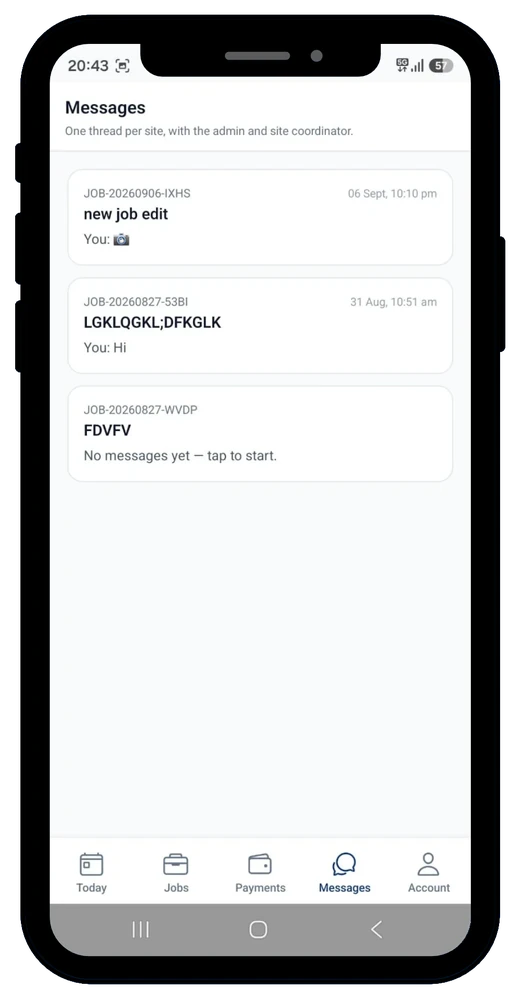 Messages screen on Telecom Hire