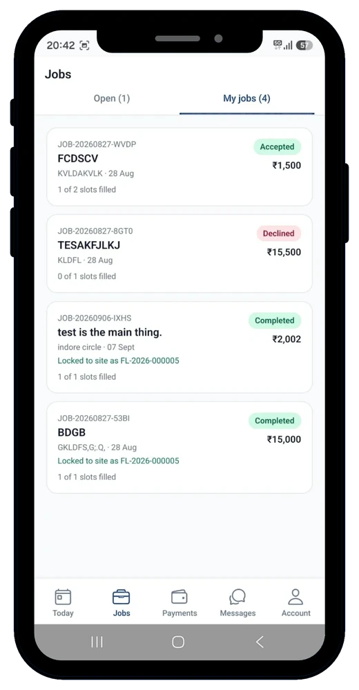 Jobs — My Jobs screen on Telecom Hire