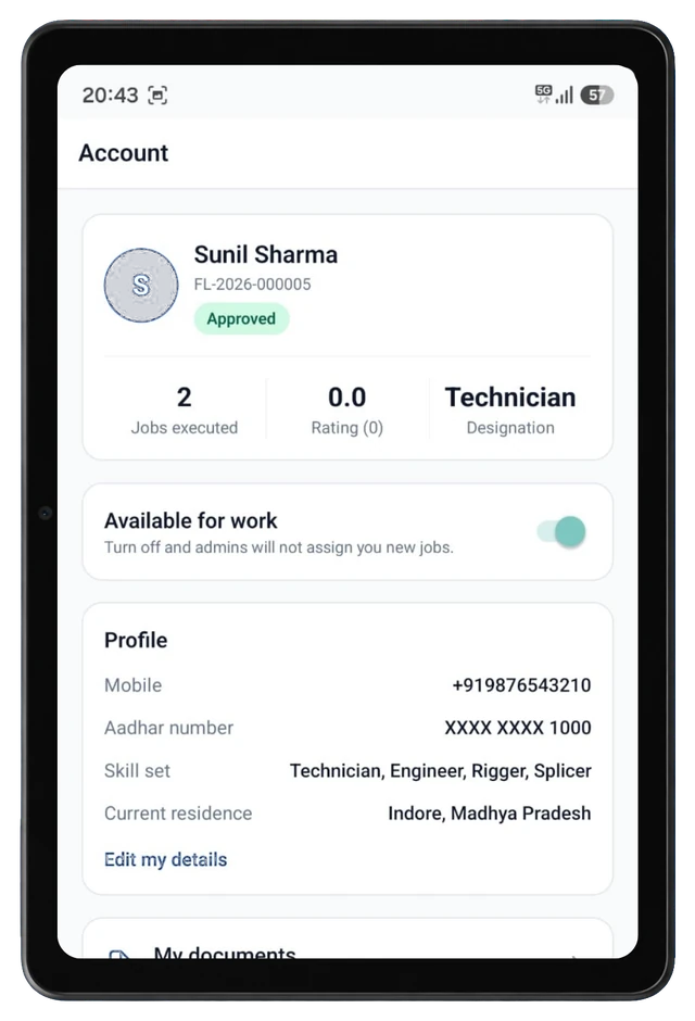 Account screen on Telecom Hire tablet
