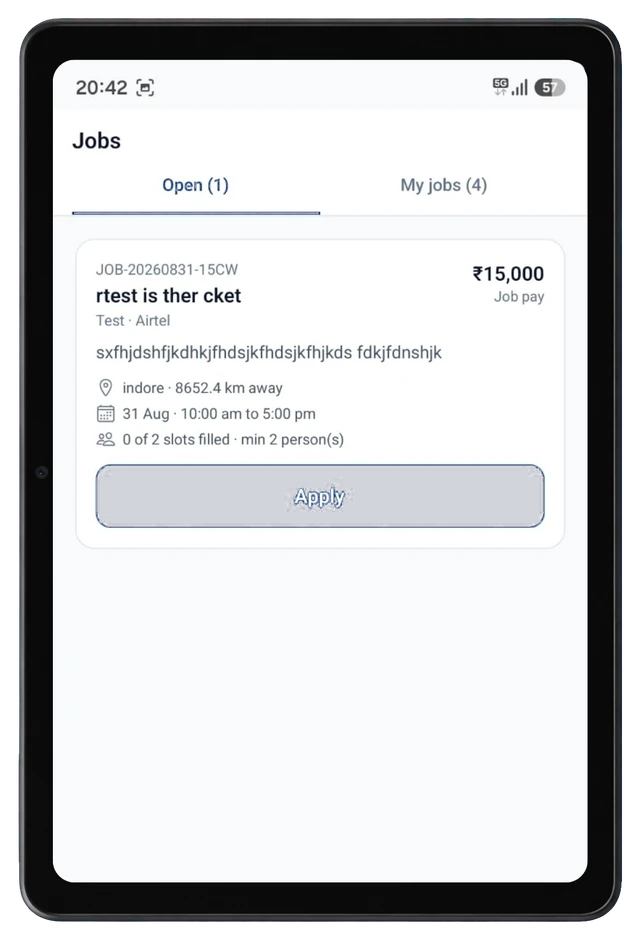 Jobs — Open screen on Telecom Hire tablet