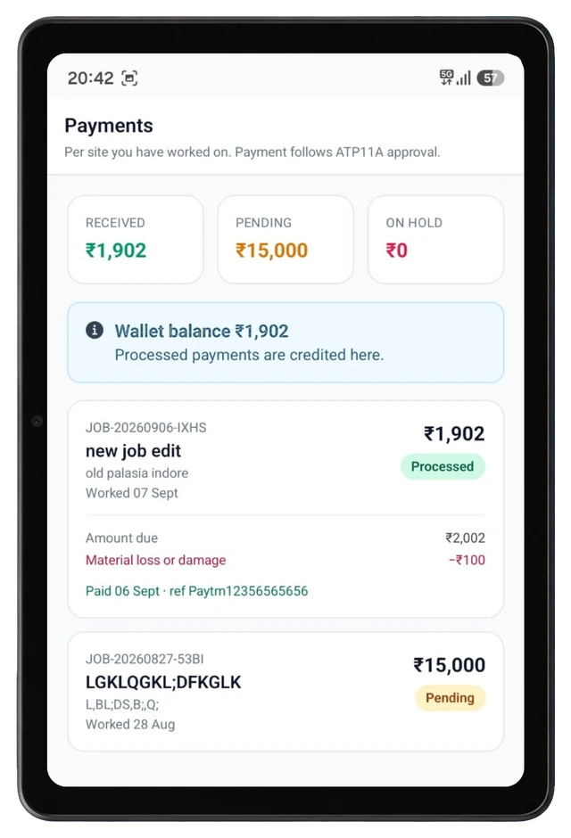 Payments screen on Telecom Hire tablet